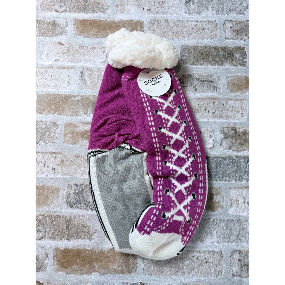 Magenta Purple Sneaker Lace Up Slipper Socks Sherpa Lined Non Slip One Size NEW